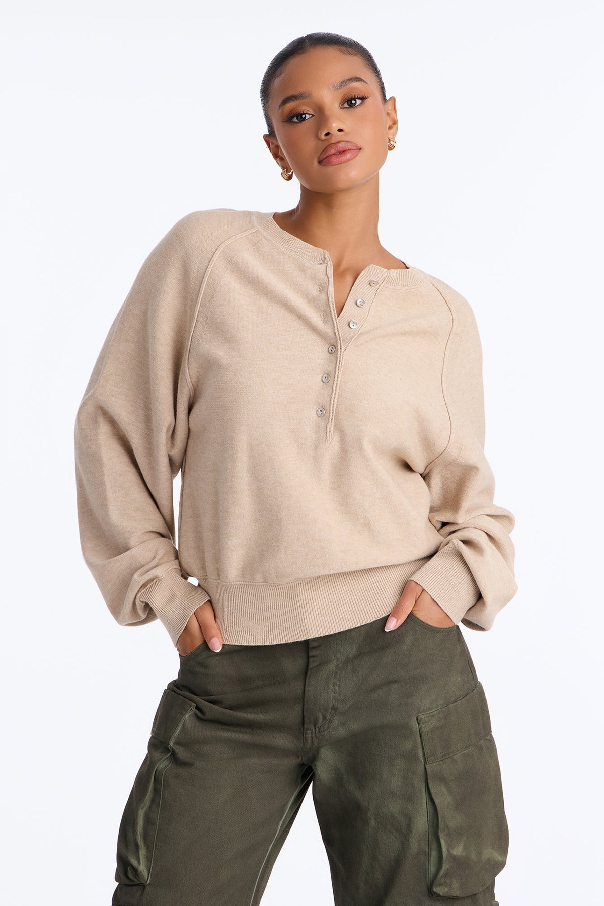 Yuliana Quarter Button Up Pullover Sweater - Khaki
