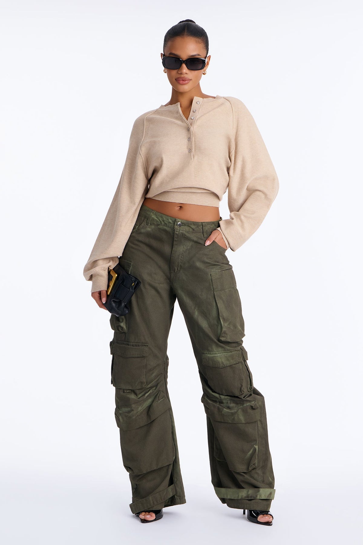 Yuliana Quarter Button Up Pullover Sweater - Khaki