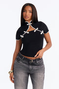Lui Mock Neck Short Sleeve Pullover Sweater - Black/White