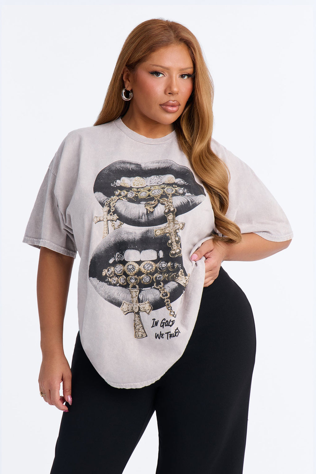 Grills And Chains Washed Oversized Tee - Light Grey