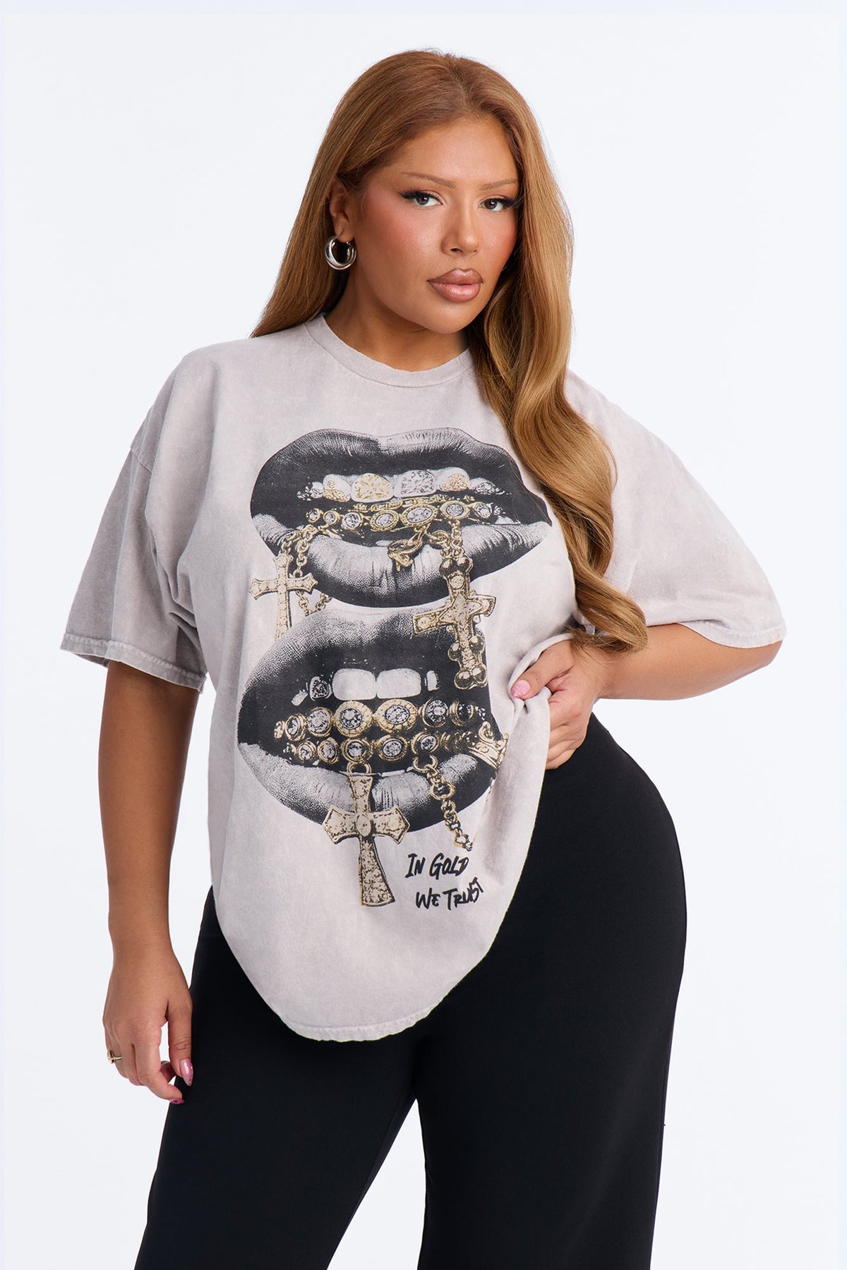 Grills And Chains Washed Oversized Tee - Light Grey