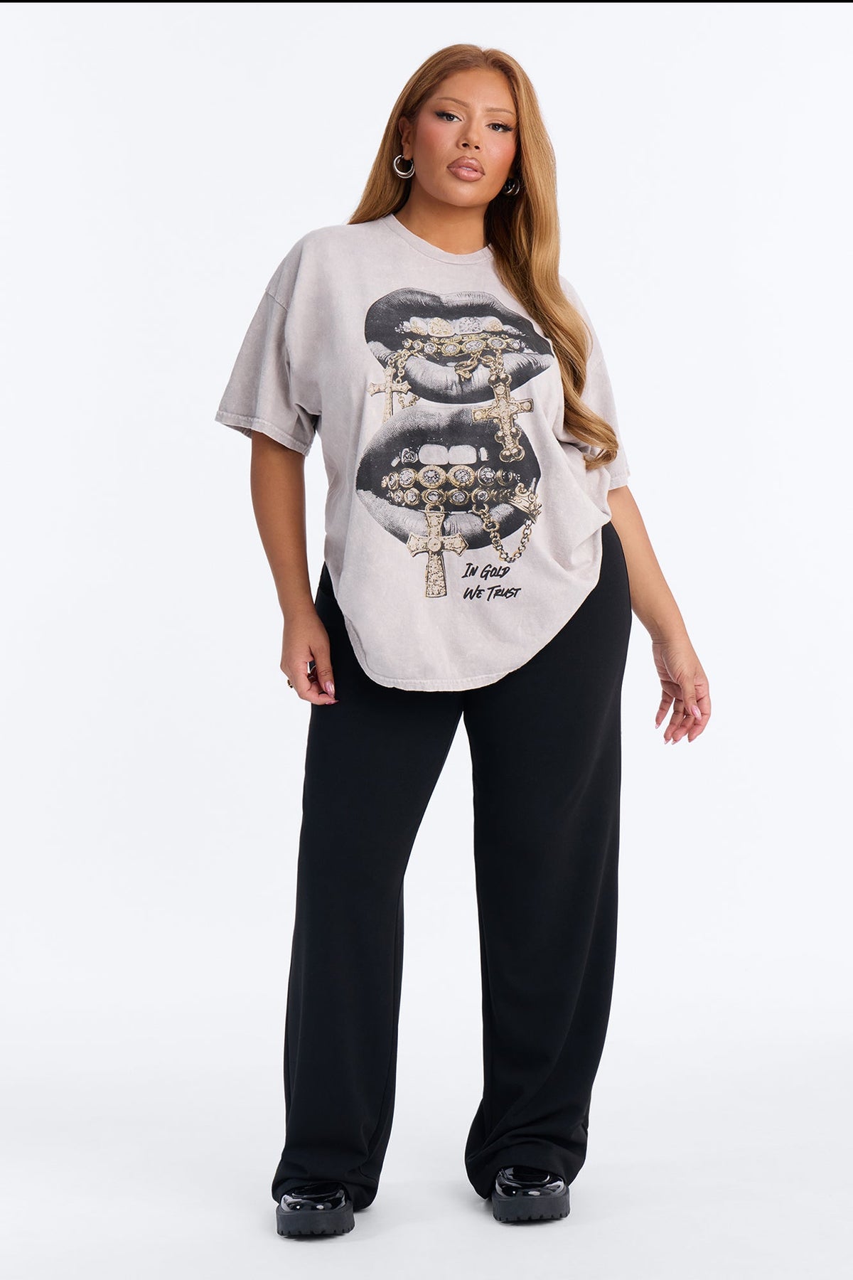 Grills And Chains Washed Oversized Tee - Light Grey