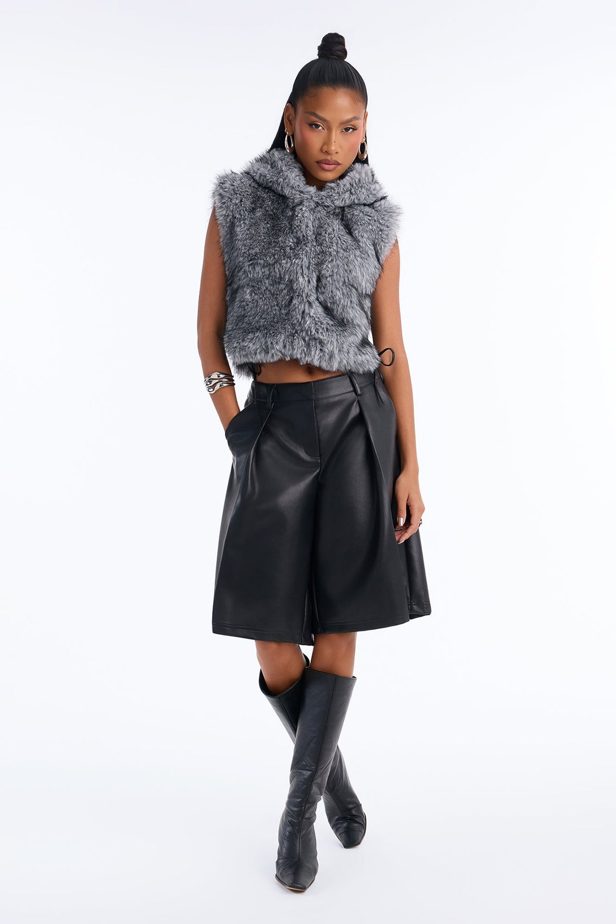Playing With Fire Faux Fur Cropped Vest - Grey