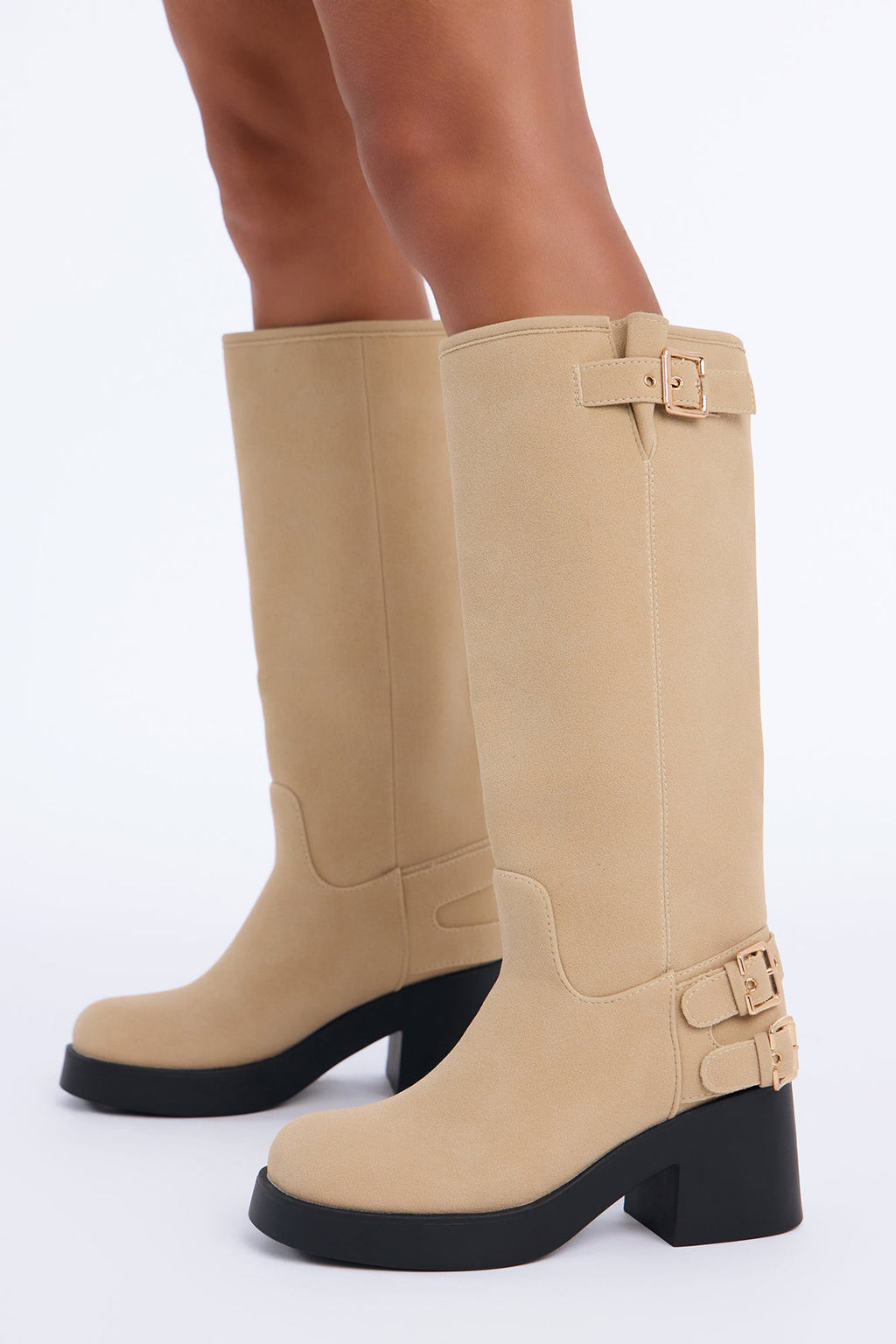 Keep the Plans Buckle Heeled Boots - Sand