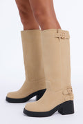 Keep the Plans Buckle Heeled Boots - Sand