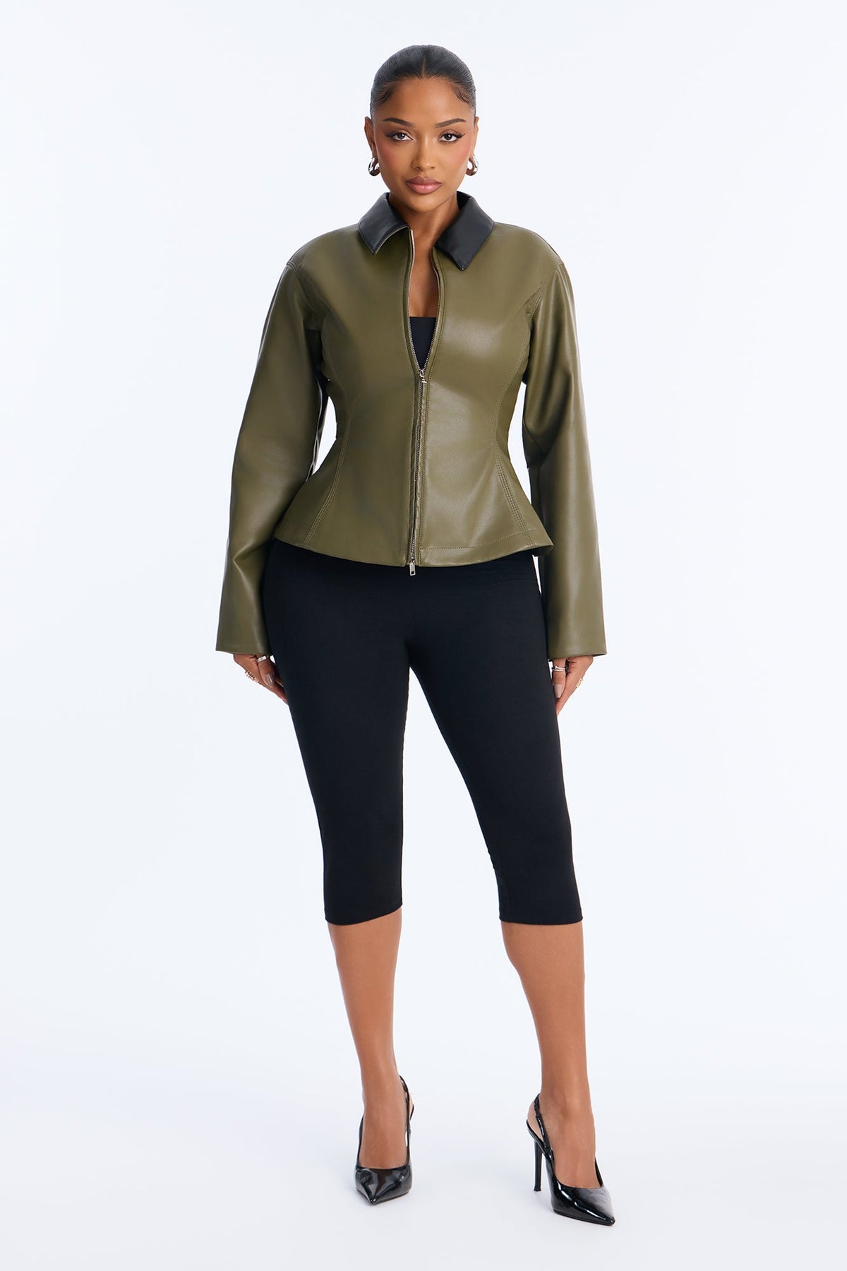 The Hourglass Faux Leather Shacket - Olive/combo