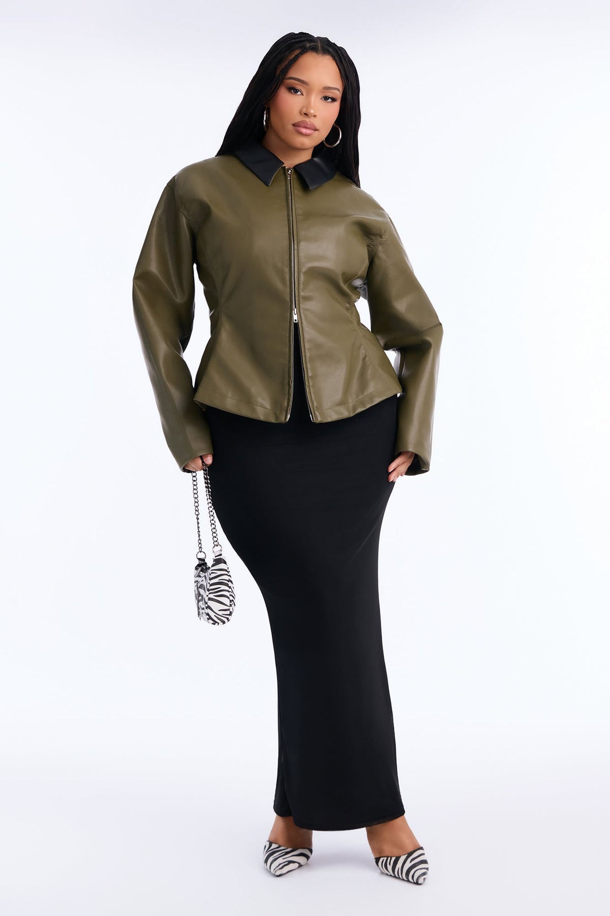 The Hourglass Faux Leather Shacket - Olive/combo