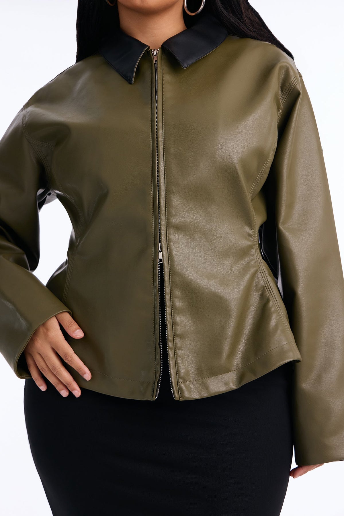 The Hourglass Faux Leather Shacket - Olive/combo