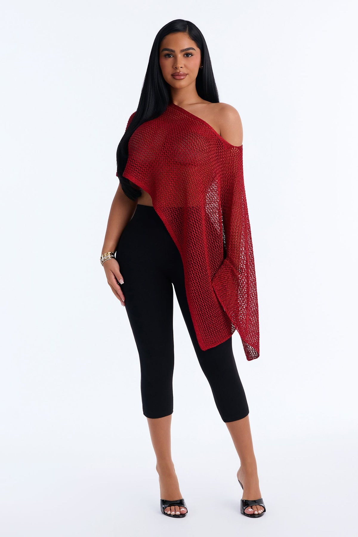 All That Shimmer Crochet Poncho - Red
