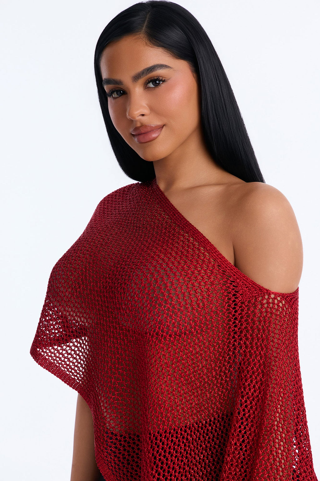 All That Shimmer Crochet Poncho - Red