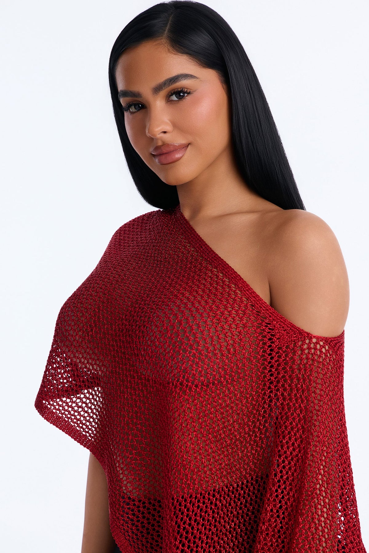 All That Shimmer Crochet Poncho - Red