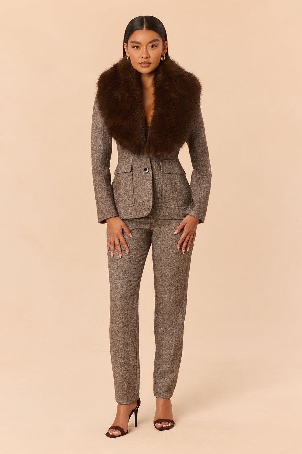 Better Than Ever Fur Trim Blazer Set - Brown