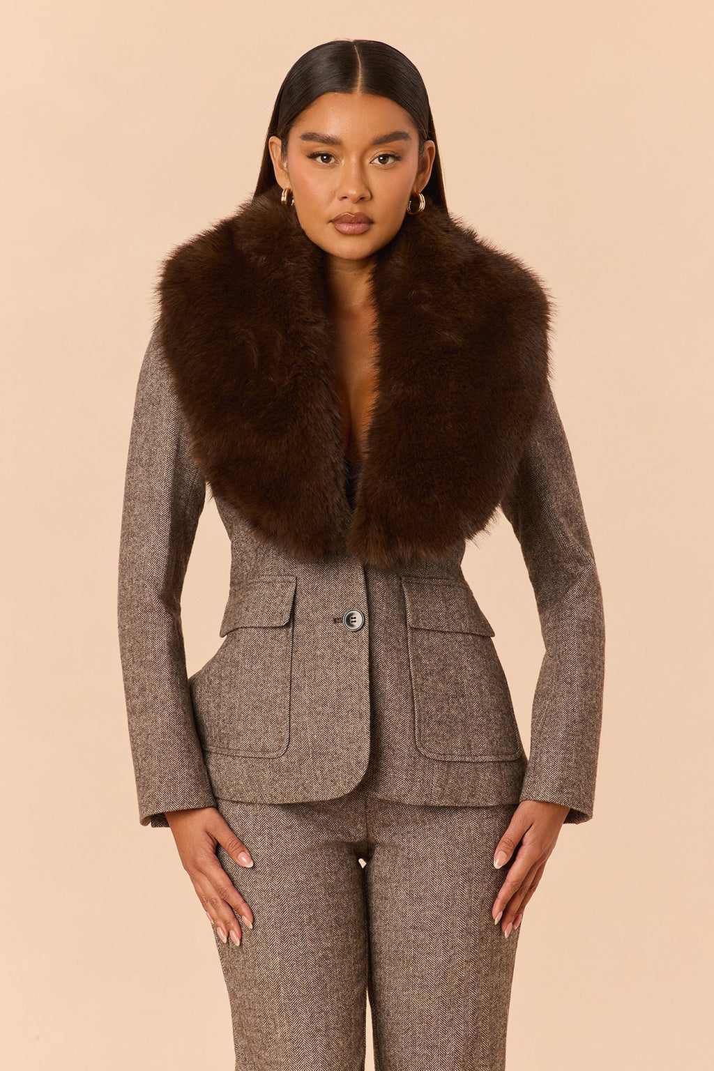 Better Than Ever Fur Trim Blazer Set - Brown