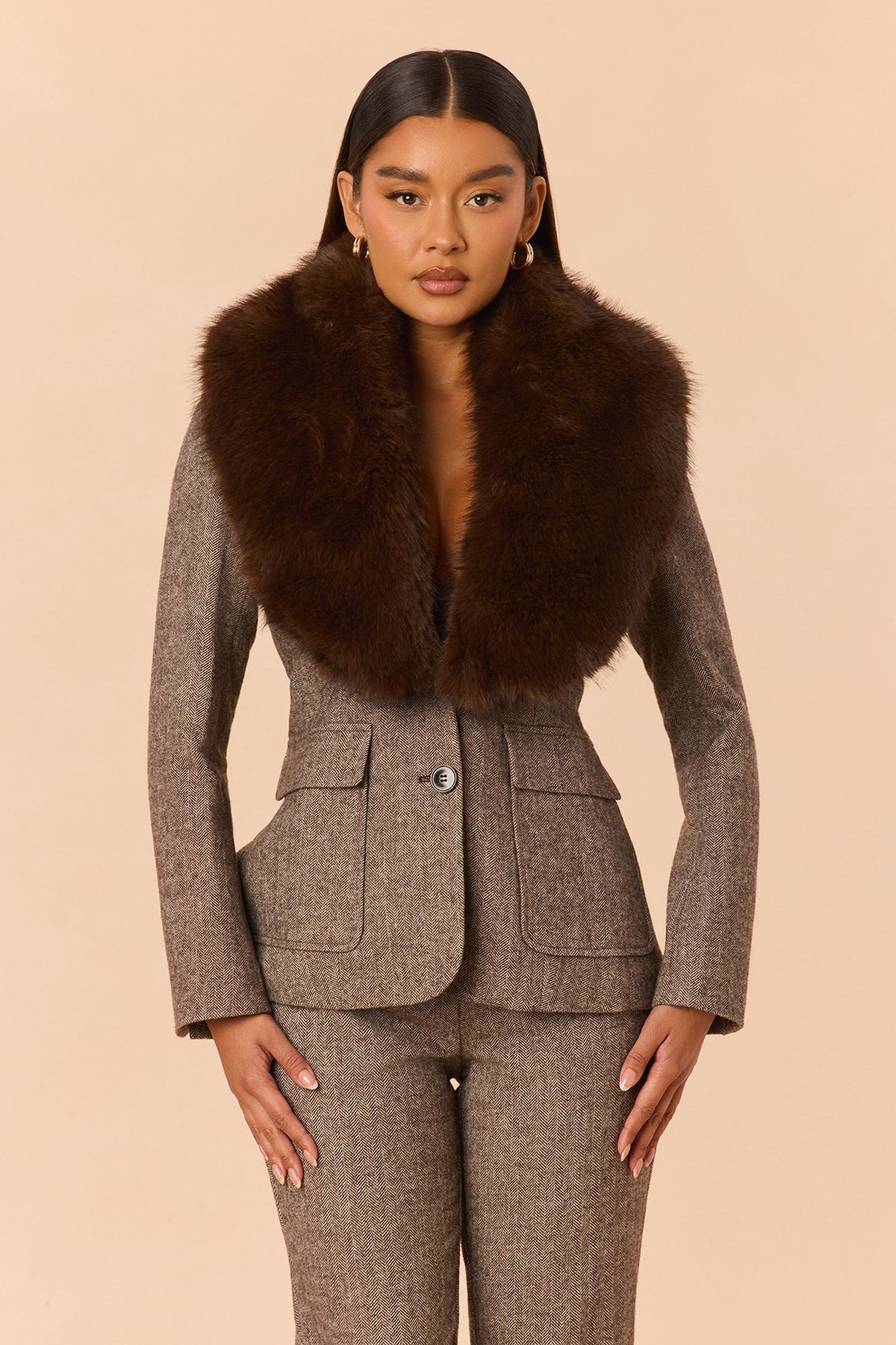 Better Than Ever Fur Trim Blazer Set - Brown