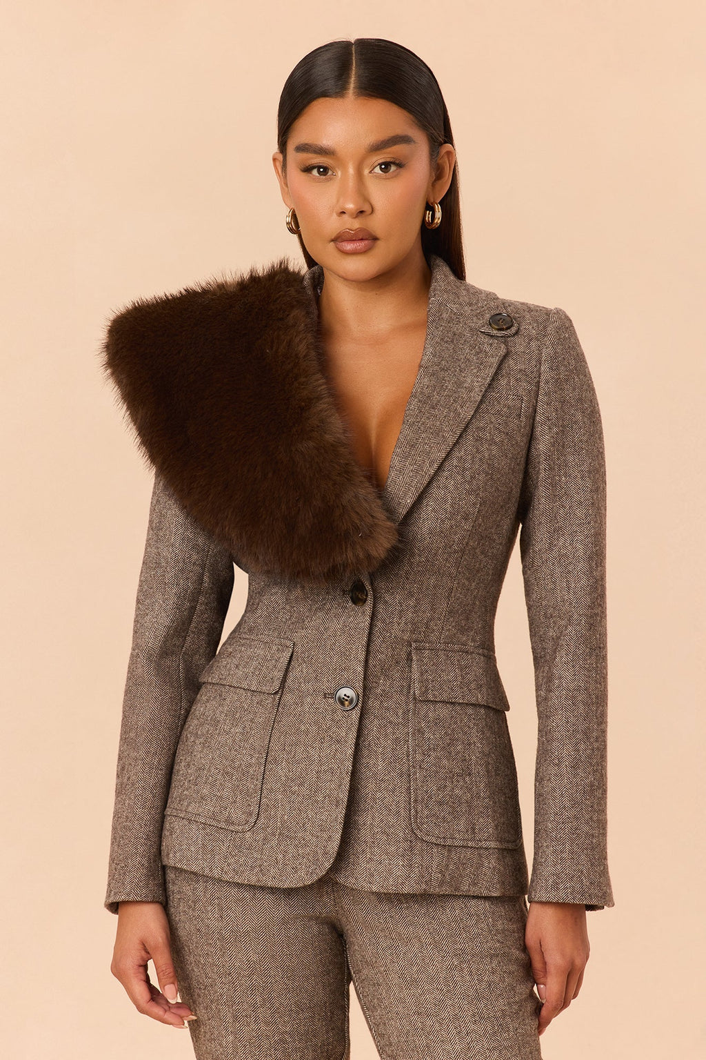 Better Than Ever Fur Trim Blazer Set - Brown