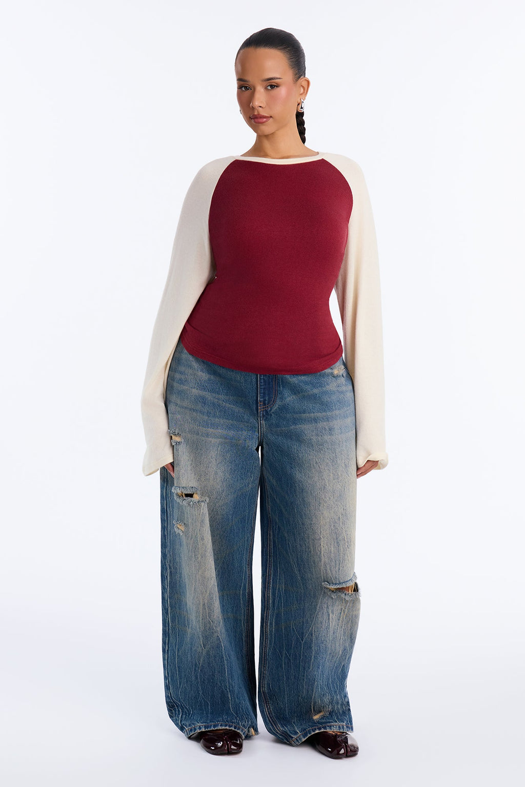 Still Got It Lace Up Raglan Baseball Sweater - Burgundy/combo