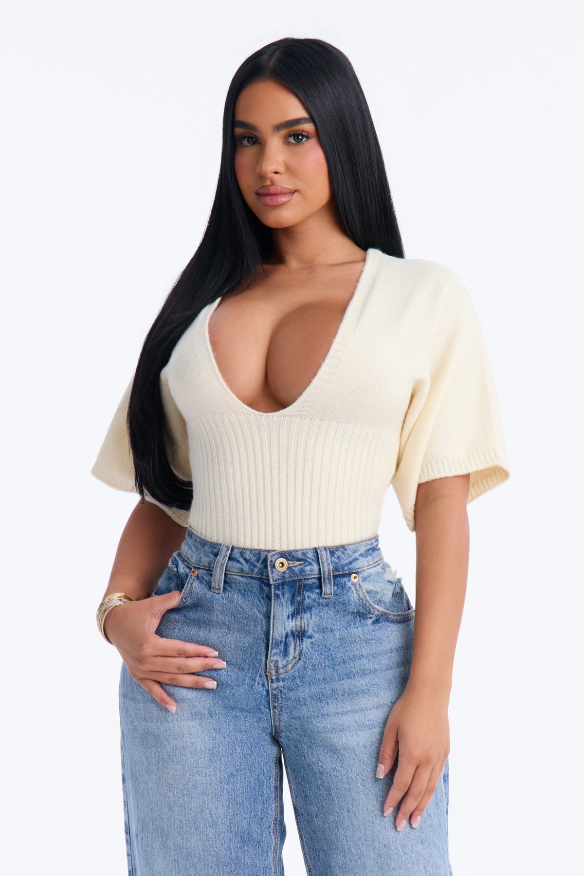 Fall Air Short Sleeve Pullover Sweater - Cream