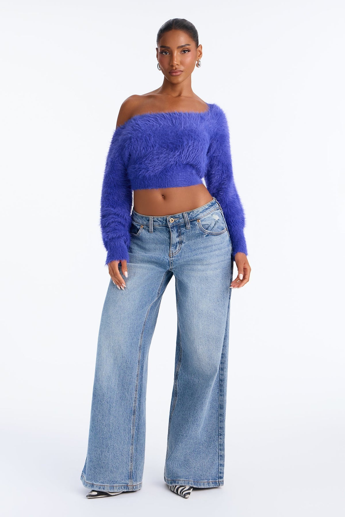 Midnight Desire Fuzzy Cropped Pullover Sweater - Royal
