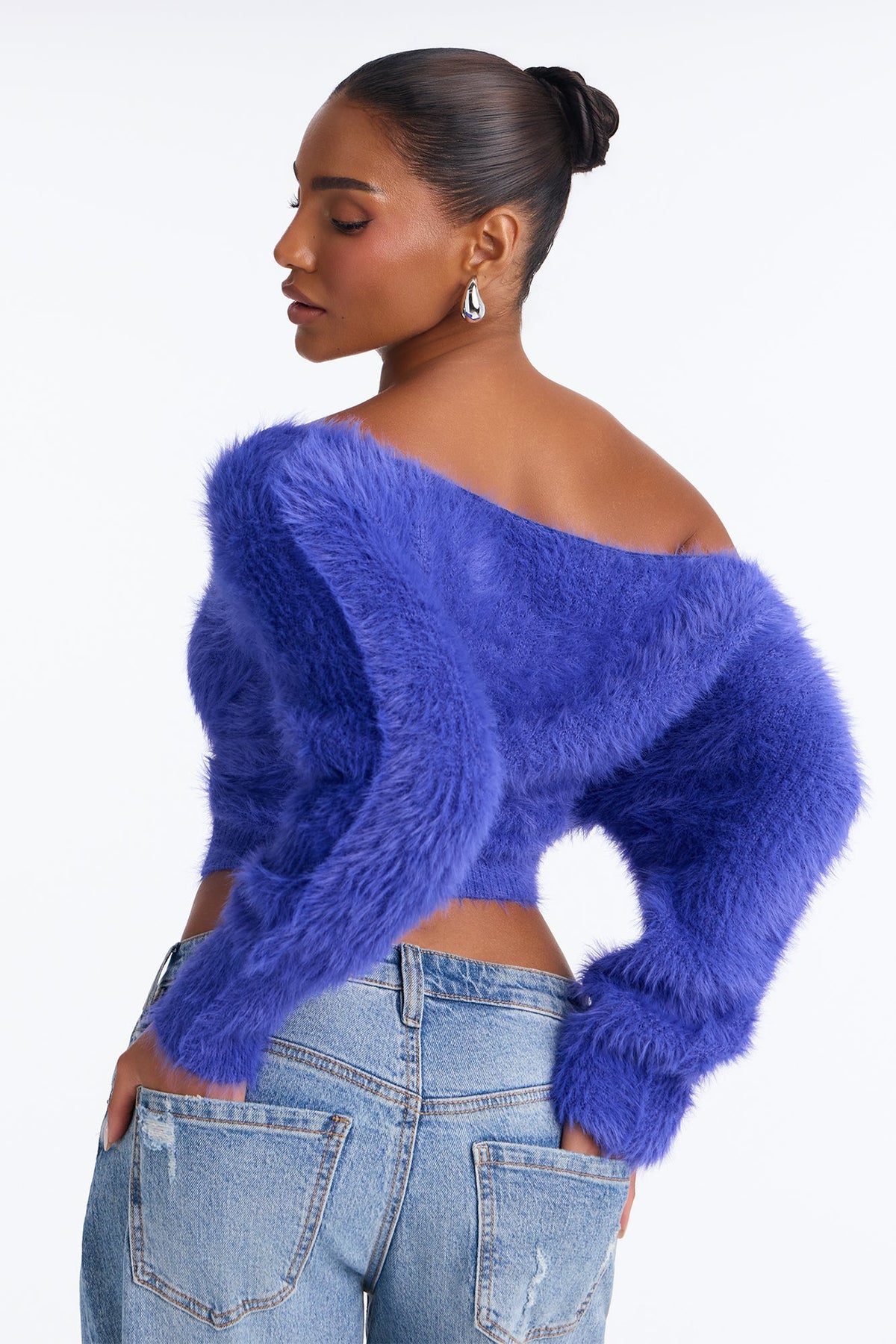 Midnight Desire Fuzzy Cropped Pullover Sweater - Royal