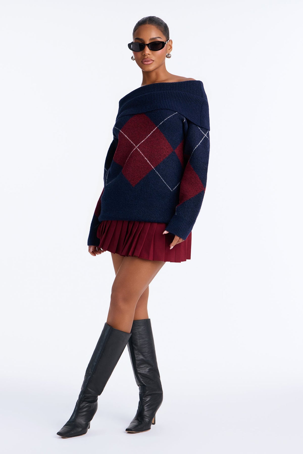 Charming Trouble Off Shoulder Argyle Pullover Sweater - Navy/combo
