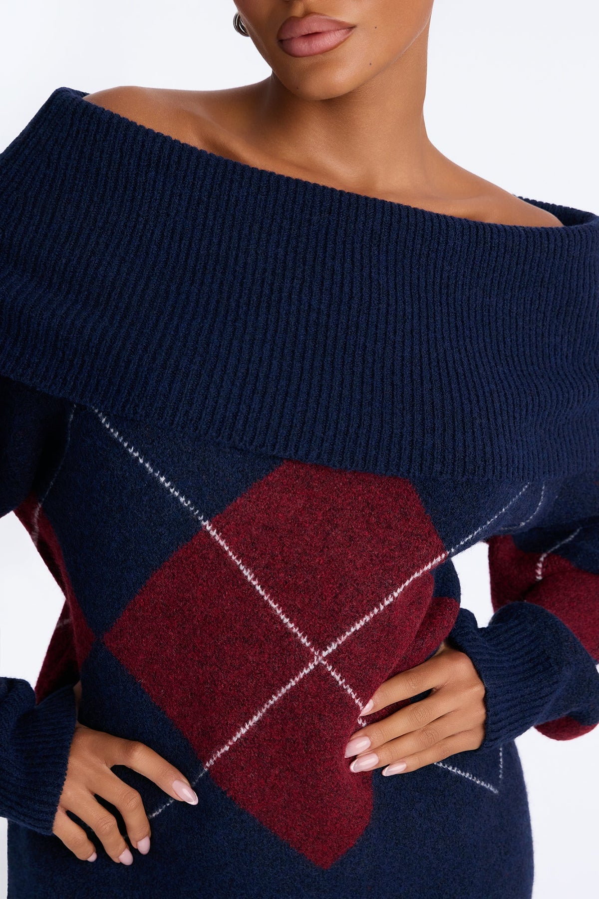 Charming Trouble Off Shoulder Argyle Pullover Sweater - Navy/combo
