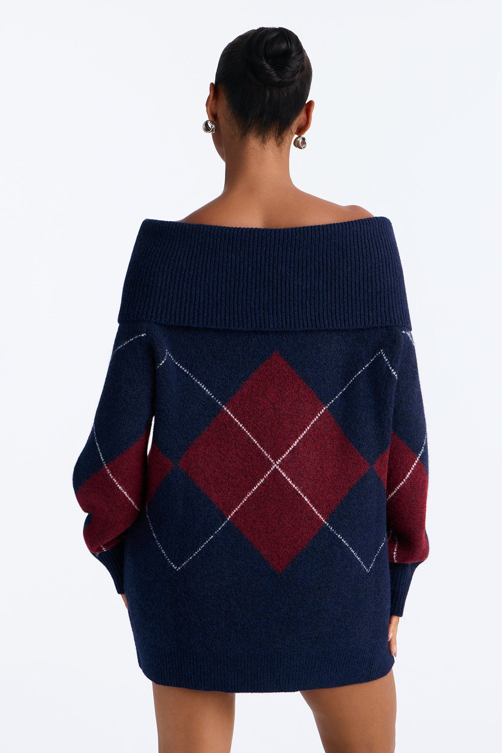 Charming Trouble Off Shoulder Argyle Pullover Sweater - Navy/combo