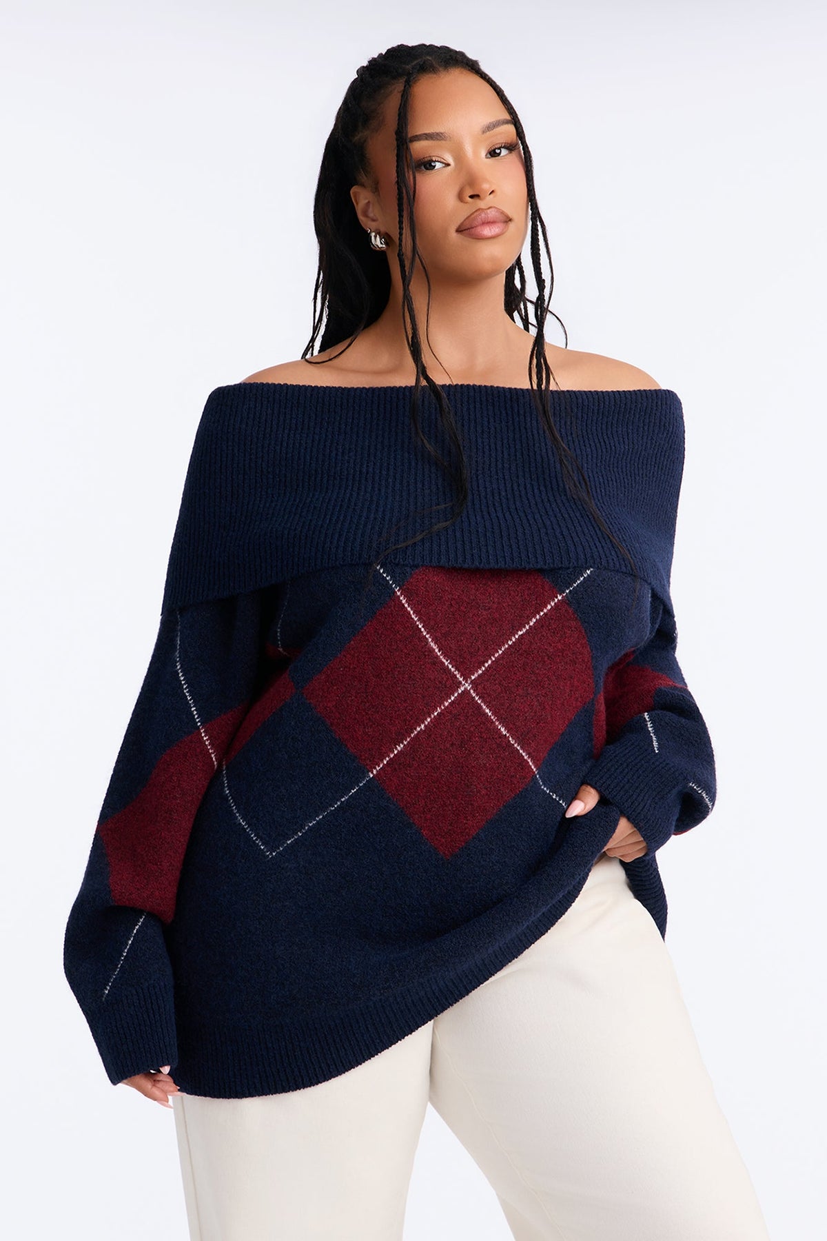 Charming Trouble Off Shoulder Argyle Pullover Sweater - Navy/combo