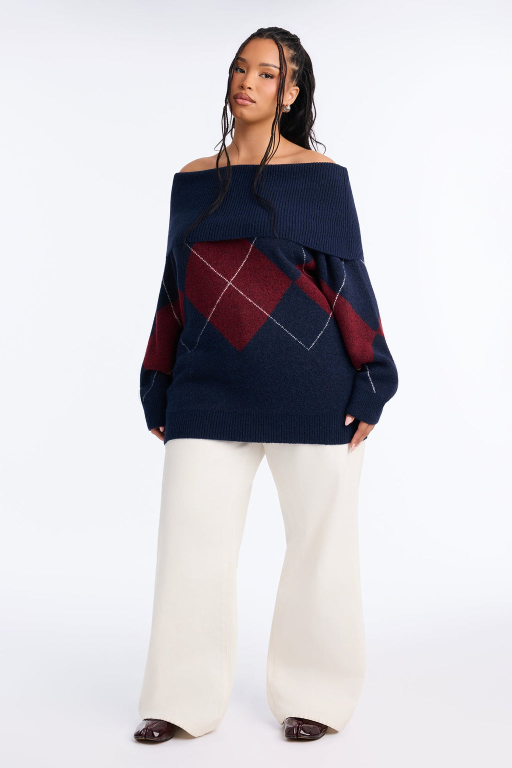 Charming Trouble Off Shoulder Argyle Pullover Sweater - Navy/combo