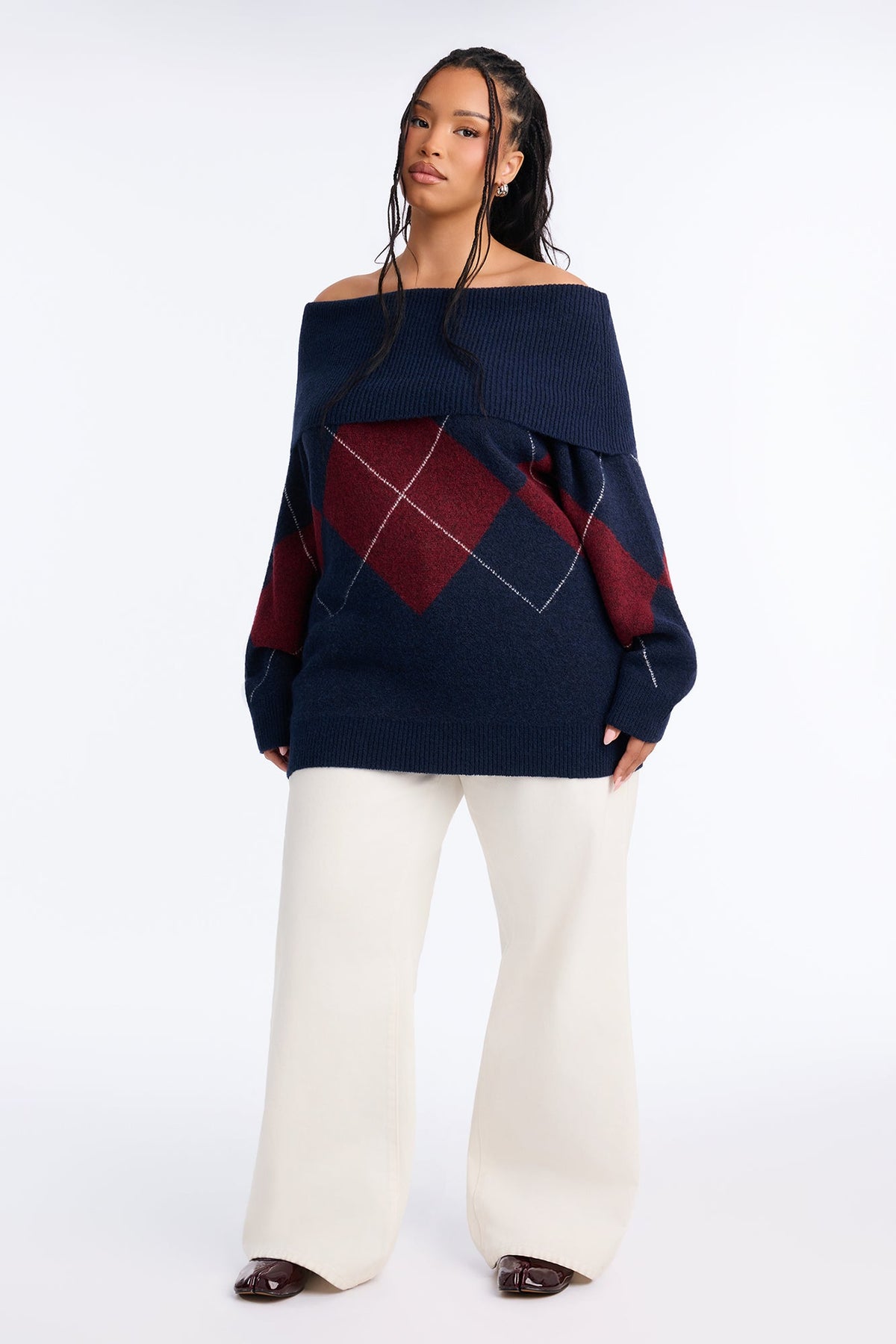 Charming Trouble Off Shoulder Argyle Pullover Sweater - Navy/combo