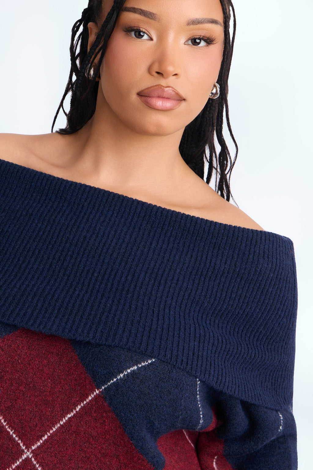 Charming Trouble Off Shoulder Argyle Pullover Sweater - Navy/combo