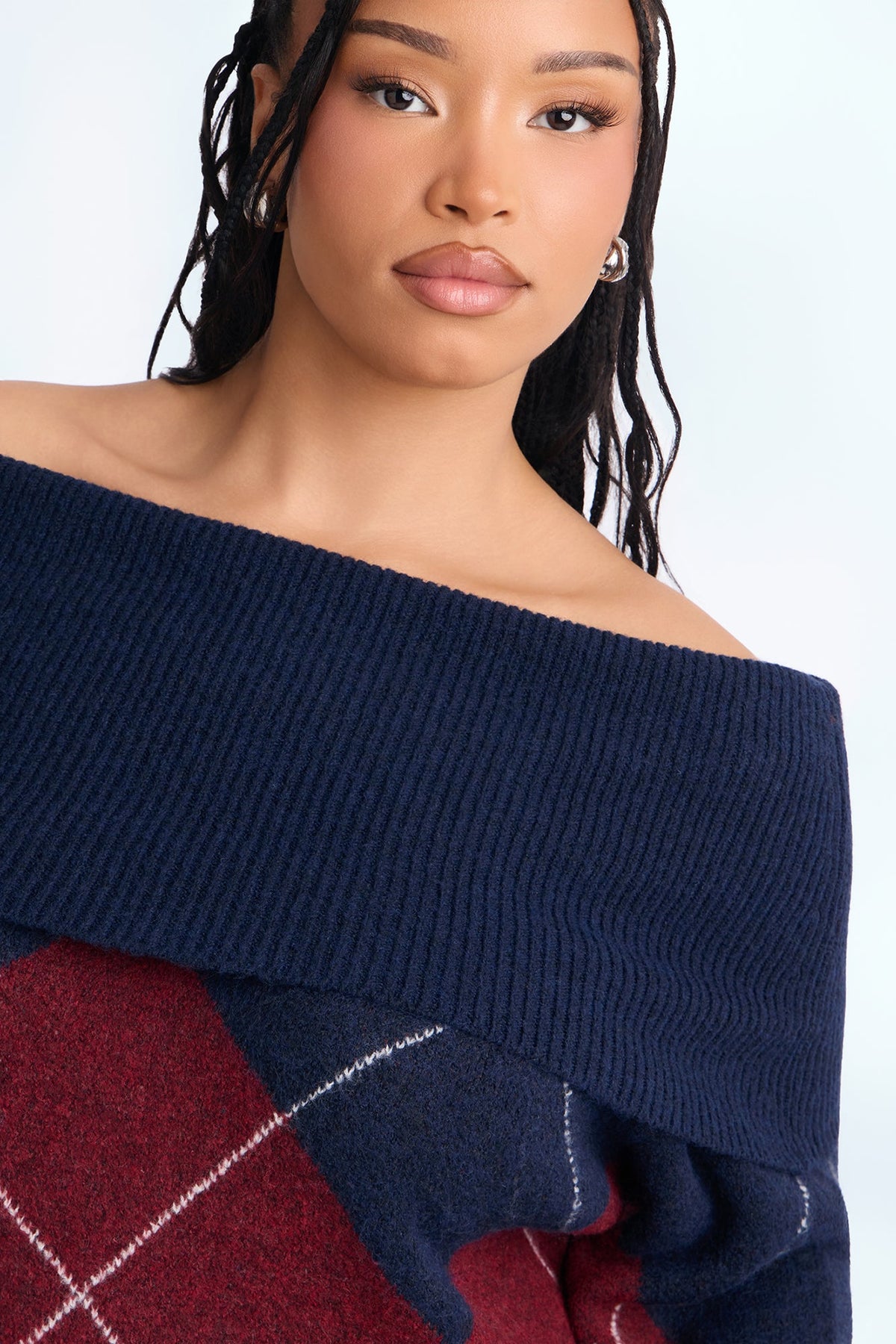 Charming Trouble Off Shoulder Argyle Pullover Sweater - Navy/combo