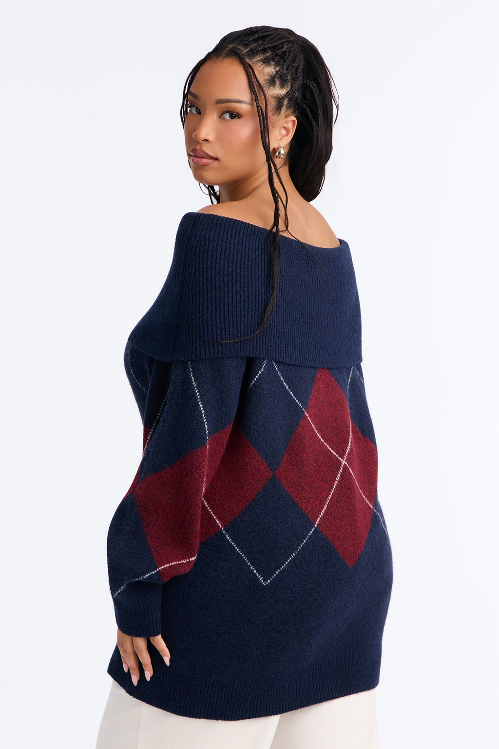 Charming Trouble Off Shoulder Argyle Pullover Sweater - Navy/combo