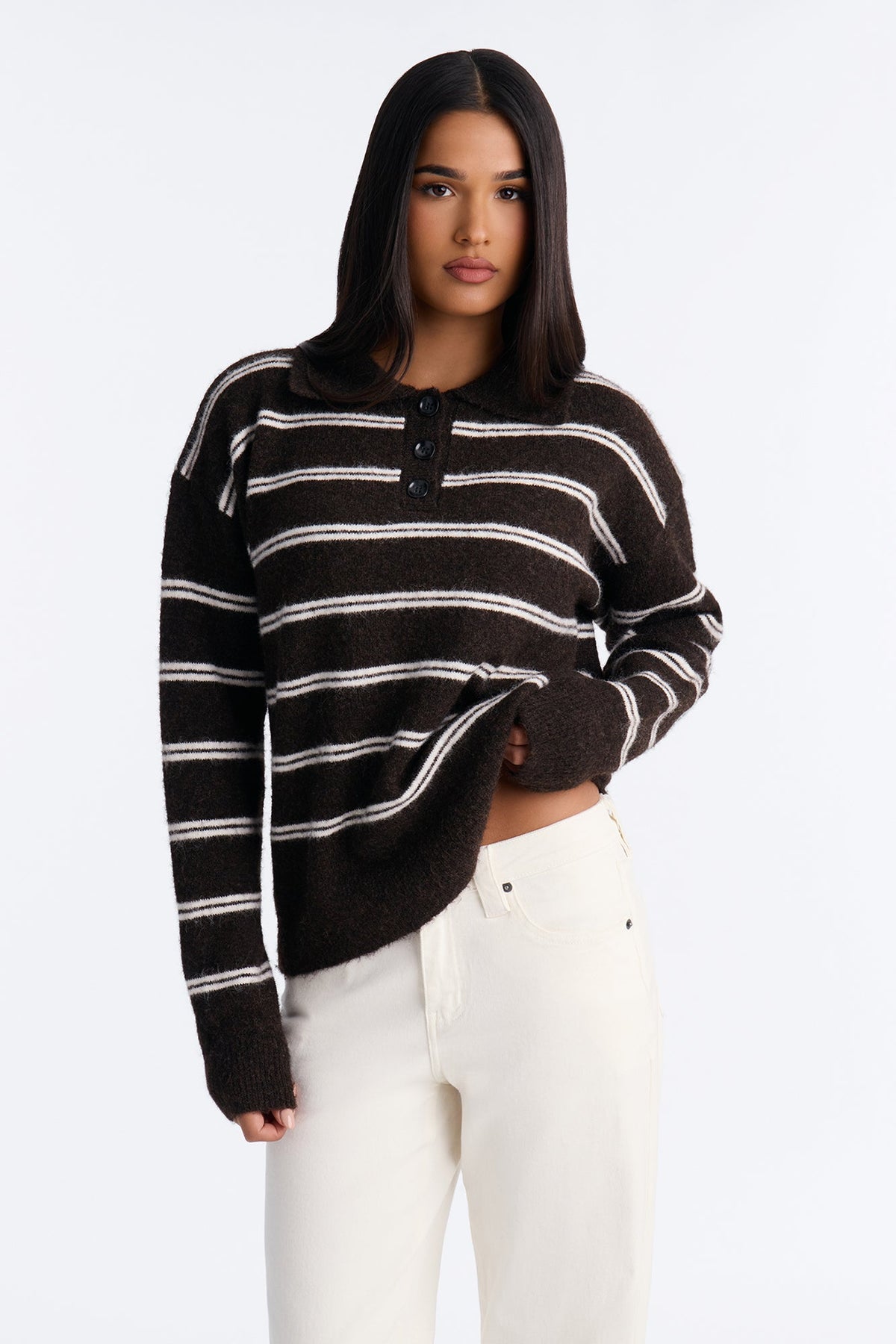 Lissa Striped Polo Sweater - Brown/combo