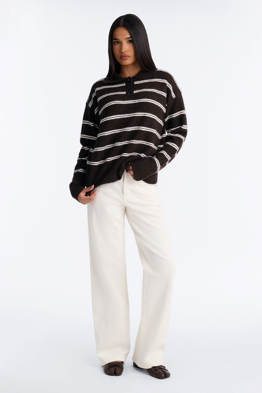 Lissa Striped Polo Sweater - Brown/combo