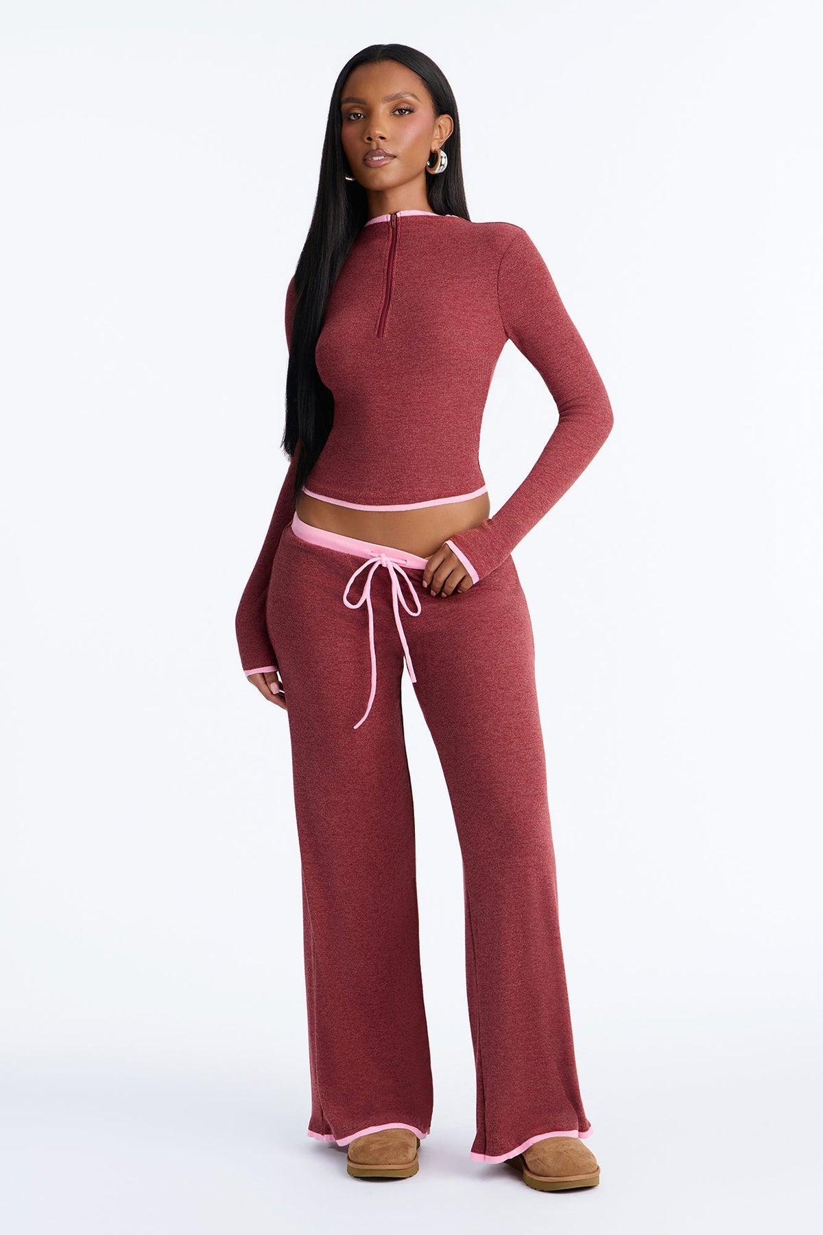 Parker Ribbed Contrast Pant Set - Burgundy