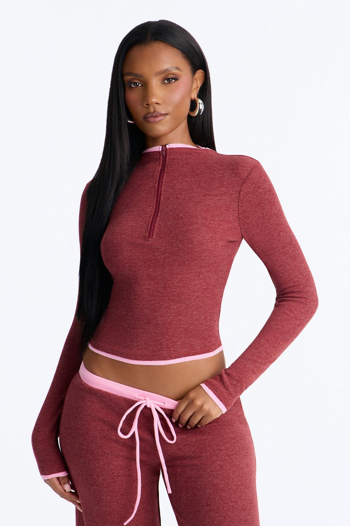 Parker Ribbed Contrast Pant Set - Burgundy