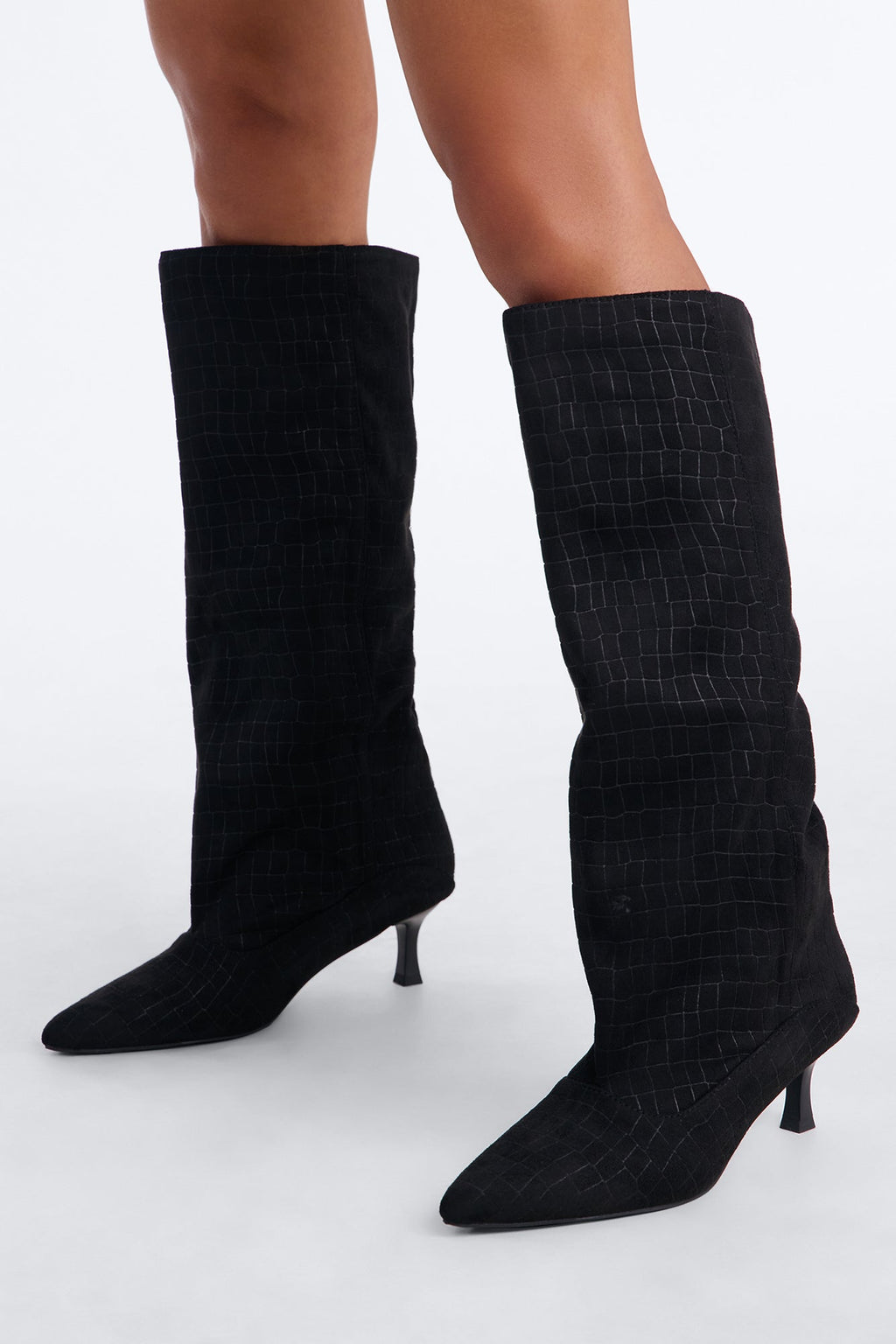 Lucky You Croc Suede Heeled Boots - Black