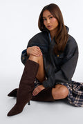 Lucky You Croc Suede Heeled Boots - Brown