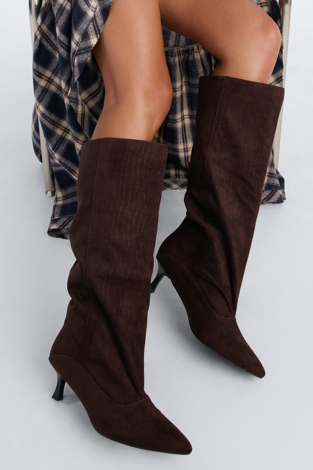 Lucky You Croc Suede Heeled Boots - Brown