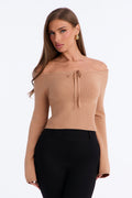 Karina Off Shoulder Cropped Sweater - Beige