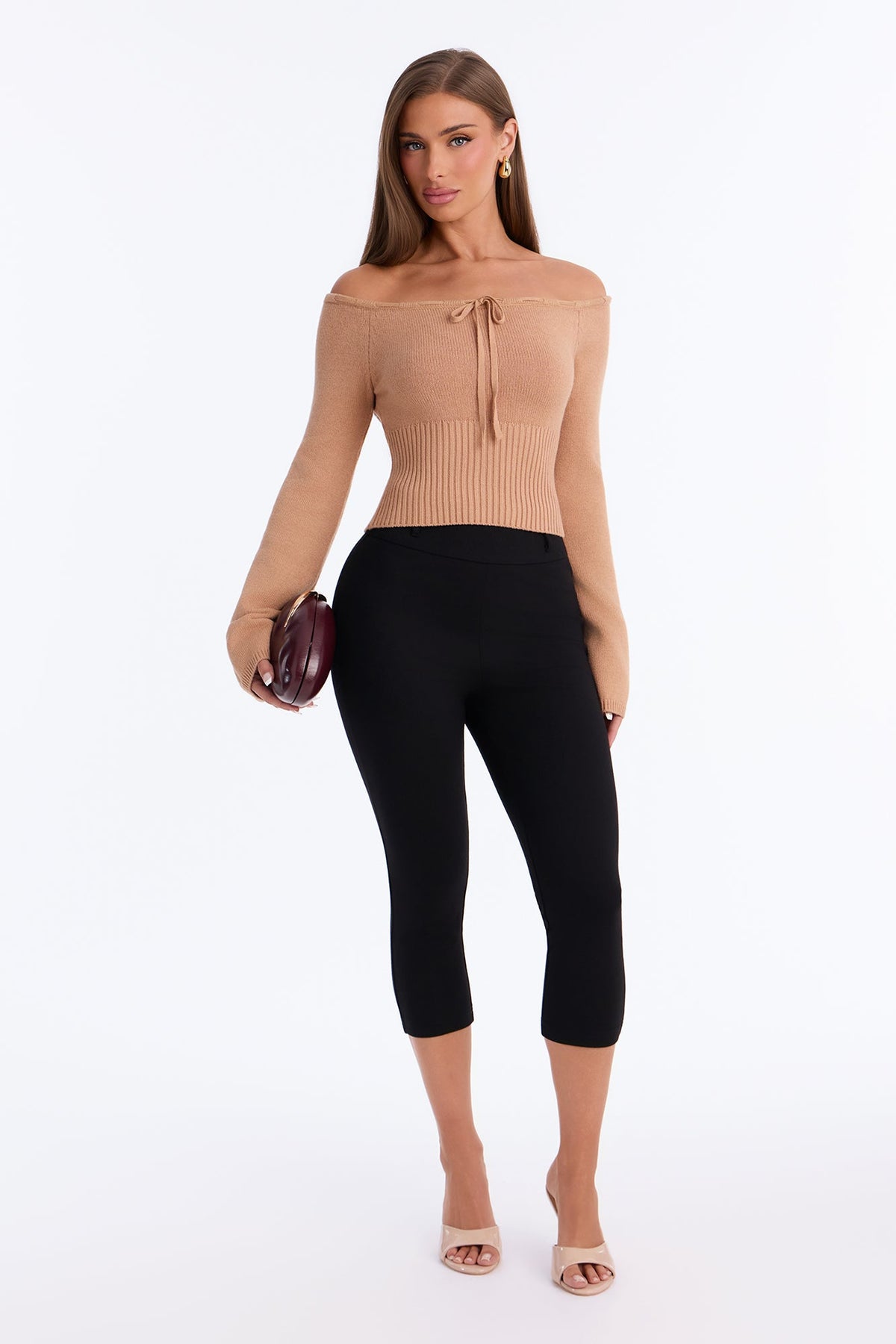Karina Off Shoulder Cropped Sweater - Beige