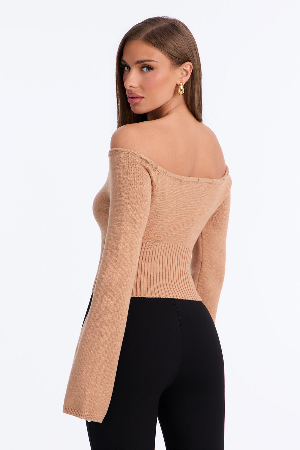 Karina Off Shoulder Cropped Sweater - Beige