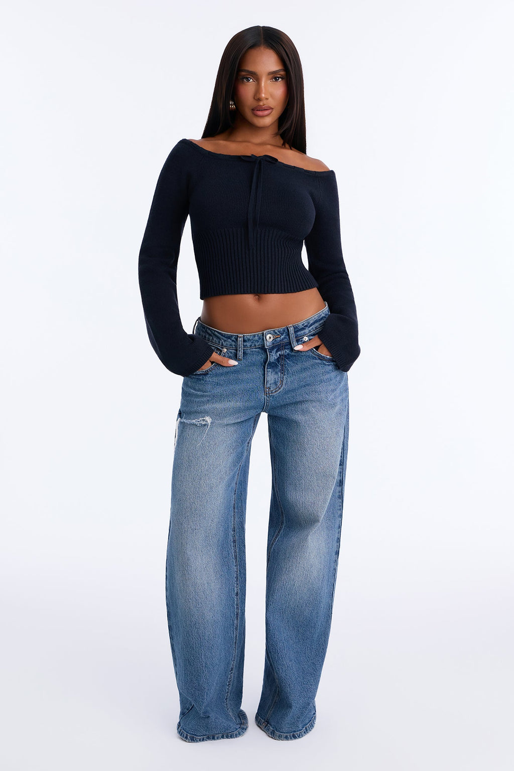 Karina Off Shoulder Cropped Sweater - Black