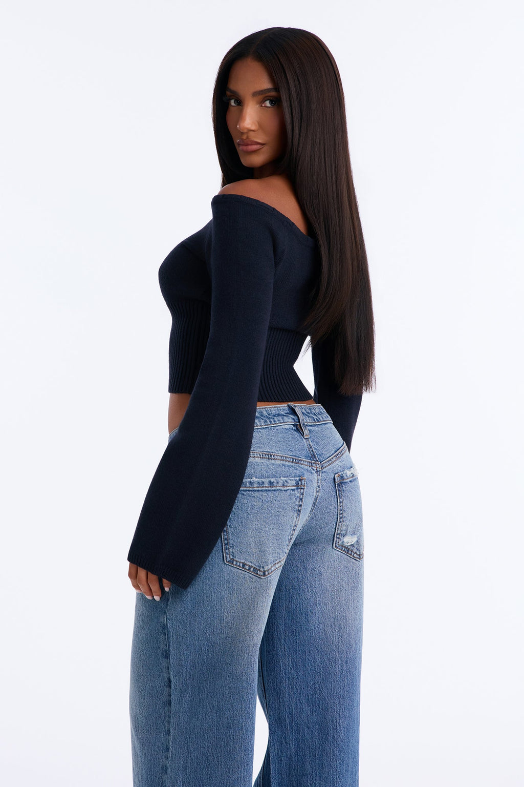 Karina Off Shoulder Cropped Sweater - Black