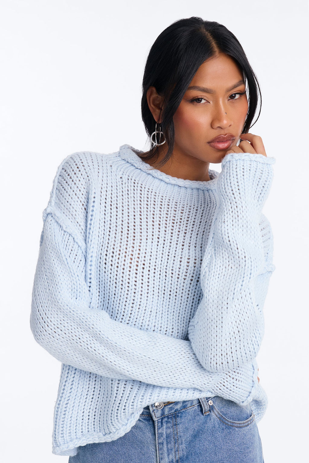 Anita Chunky Knit Pullover Sweater - Light Blue