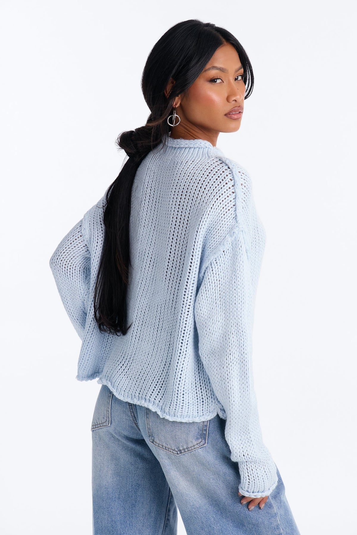 Anita Chunky Knit Pullover Sweater - Light Blue