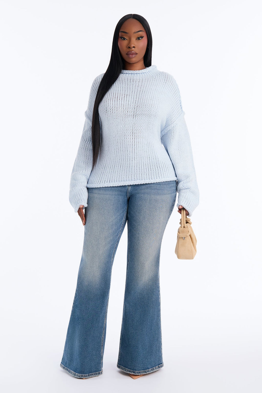 Anita Chunky Knit Pullover Sweater - Light Blue