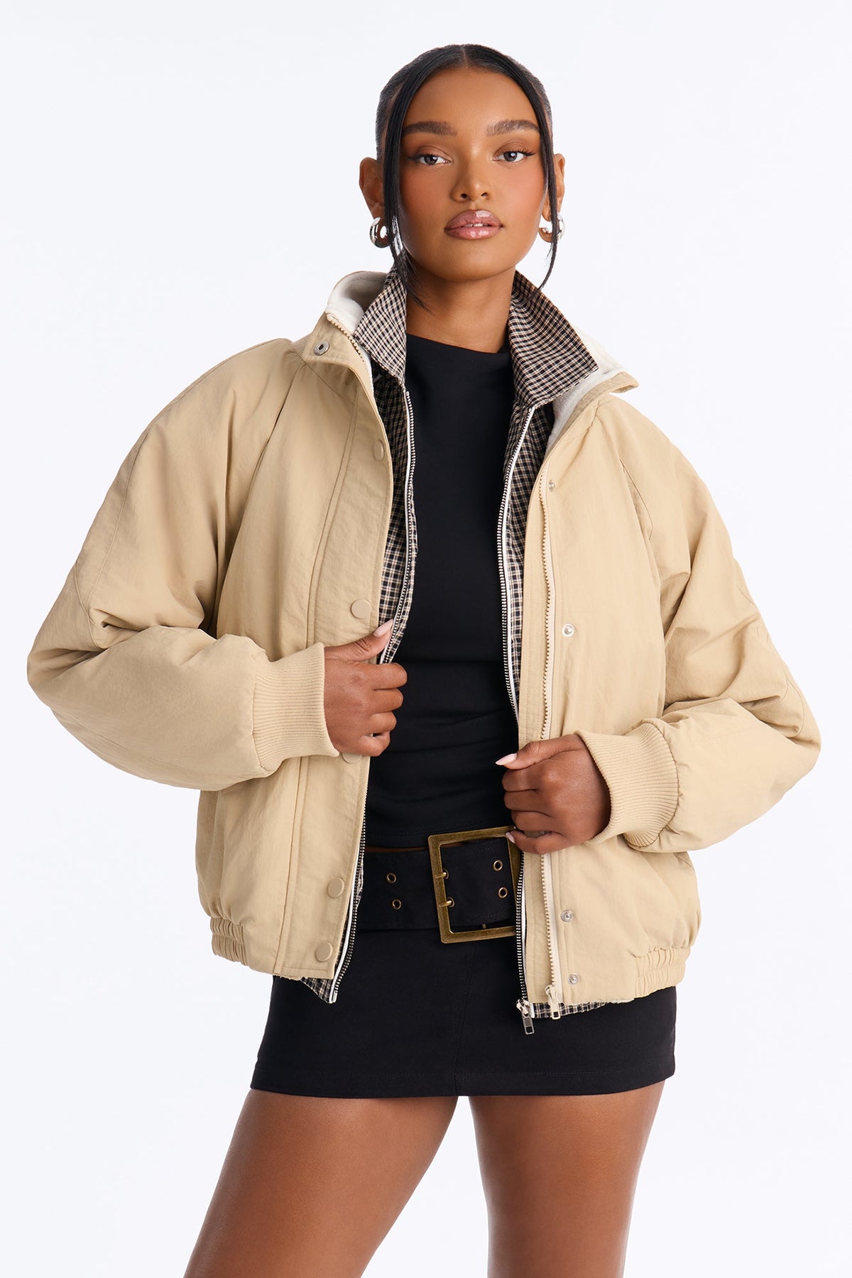 Everyday Muse Nylon Fur Trim Bomber Jacket - Khaki