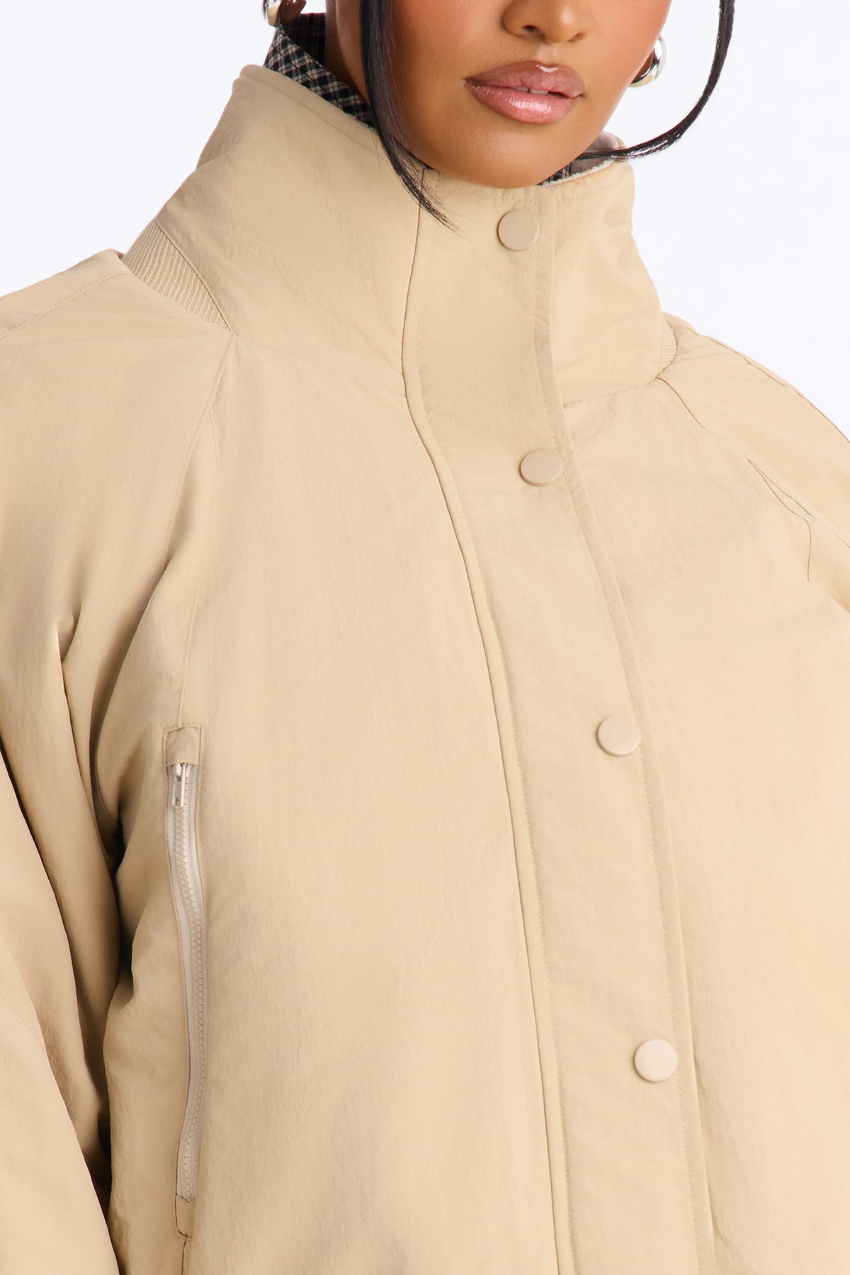 Everyday Muse Nylon Fur Trim Bomber Jacket - Khaki