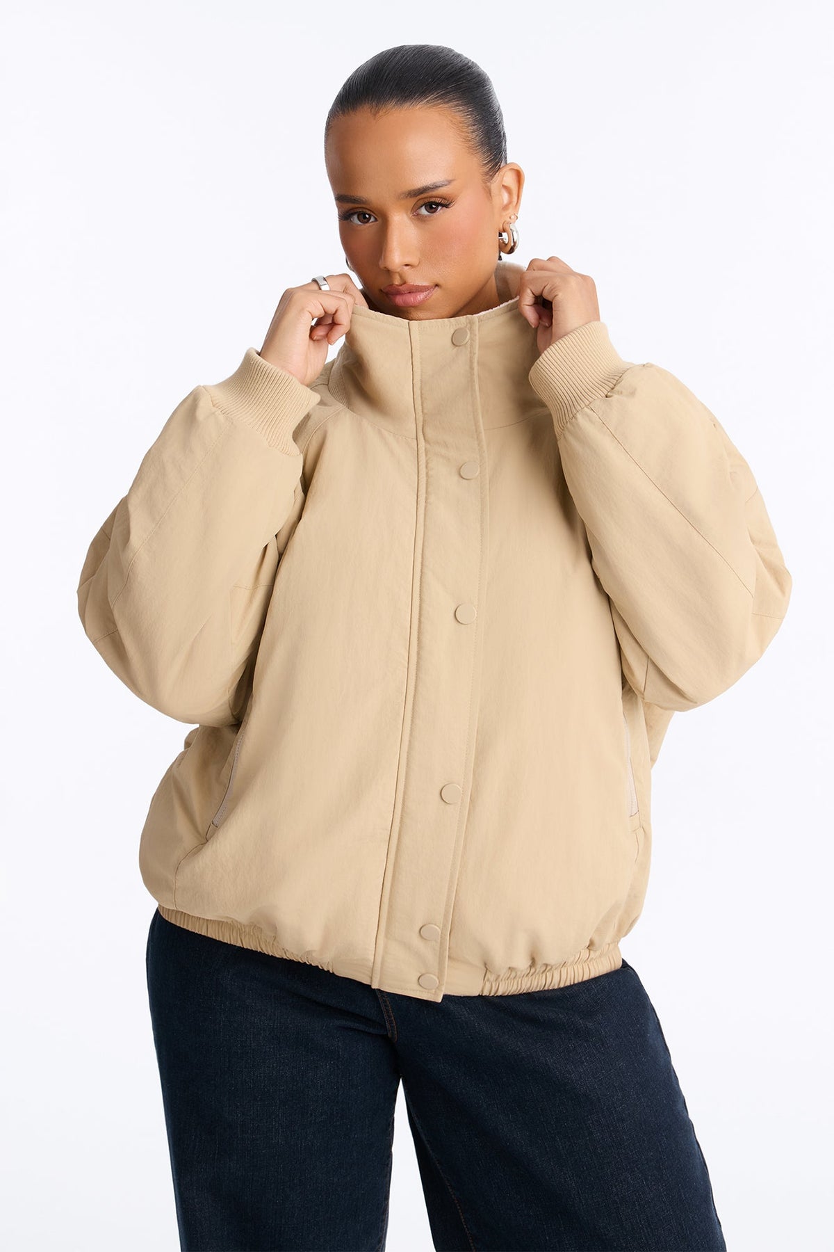 Everyday Muse Nylon Fur Trim Bomber Jacket - Khaki